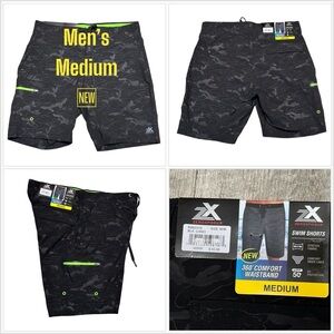 Men's Zeroxposur Medium Swim Drawstring Shorts Trunks Hybrid Black Elastic Waist